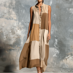 ElevenOra Chic Casual Camel Colorblock Stand-Collar Single-Breasted Sleeveless Loose-Fit A-Line Cotton-Linen Blend Mini Dress