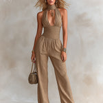 ElevenOra Chic Elegant Camel Rib Cotton Blend Mock-Neck Cutout-Detail Sleeveless Tailored-Waist Wide-Leg Jumpsuit