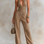 ElevenOra Chic Elegant Camel Rib Cotton Blend Mock-Neck Cutout-Detail Sleeveless Tailored-Waist Wide-Leg Jumpsuit