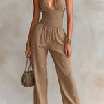ElevenOra Chic Elegant Camel Rib Cotton Blend Mock-Neck Cutout-Detail Sleeveless Tailored-Waist Wide-Leg Jumpsuit