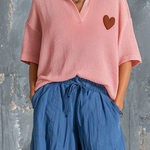 ElevenOra Chic Casual Pink Lapel V-Neck Heart Embroidery Short-Sleeve Sweater Top Blue Loose-Fit Cotton-Linen Wide-Leg Pants Two-Piece Set