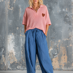ElevenOra Chic Casual Pink Lapel V-Neck Heart Embroidery Short-Sleeve Sweater Top Blue Loose-Fit Cotton-Linen Wide-Leg Pants Two-Piece Set