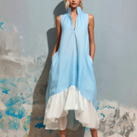 ElevenOra Chic Elegant Blue-White Colorblock Stand Collar V-Neck Asymmetrical Ruffle A-Line Cotton-Linen Blend Midi Dress