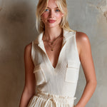 ElevenOra Chic Elegant Cream White Lapel V-Neck Sleeveless Flap Pockets Slim-Fit Breathable Knit Vest Top