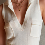 ElevenOra Chic Elegant Cream White Lapel V-Neck Sleeveless Flap Pockets Slim-Fit Breathable Knit Vest Top