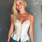 ElevenOra Chic Elegant Cream White Cotton Blend Spaghetti-Strap V-Neck Sleeveless Zipper-Front Slim-Fit Vest Top