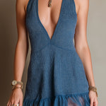 ElevenOra Chic Elegant Navy Blue Halter V-Neck Sleeveless Chiffon Ruffled Hem Detail A-Line Waffle-Knit Mini Dress