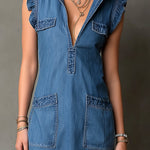 ElevenOra Chic Elegant Blue Denim Washed Stand Collar V-Neck Sleeveless Ruffle Detail Patch Pockets Loose-Fit Mini Dress