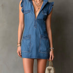 ElevenOra Chic Elegant Blue Denim Washed Stand Collar V-Neck Sleeveless Ruffle Detail Patch Pockets Loose-Fit Mini Dress