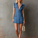 ElevenOra Chic Elegant Blue Denim Washed Stand Collar V-Neck Sleeveless Ruffle Detail Patch Pockets Loose-Fit Mini Dress