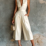 ElevenOra Chic Elegant Cream White Cotton Blend V-Neck Button-Front Chest Pockets Sleeveless Tailored-Waist Wide-Leg Cropped Jumpsuit