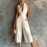 ElevenOra Chic Elegant Cream White Cotton Blend V-Neck Button-Front Chest Pockets Sleeveless Tailored-Waist Wide-Leg Cropped Jumpsuit