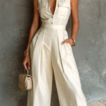 ElevenOra Chic Elegant Cream White Cotton Blend V-Neck Button-Front Chest Pockets Sleeveless Tailored-Waist Wide-Leg Cropped Jumpsuit