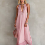 ElevenOra Chic Elegant Pink Stripes Cotton-Linen Blend Colorblock Deep V-Neck Oversize A-Line Maxi Dress