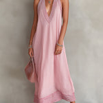 ElevenOra Chic Elegant Pink Stripes Cotton-Linen Blend Colorblock Deep V-Neck Oversize A-Line Maxi Dress