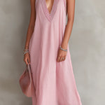 ElevenOra Chic Elegant Pink Stripes Cotton-Linen Blend Colorblock Deep V-Neck Oversize A-Line Maxi Dress