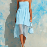 ElevenOra Chic Elegant Blue Spaghetti-Strap Square-Neck Tailored-Waist A-Line Mesh Hem Detail Ribbed Knit Midi Dress