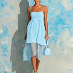 ElevenOra Chic Elegant Blue Spaghetti-Strap Square-Neck Tailored-Waist A-Line Mesh Hem Detail Ribbed Knit Midi Dress