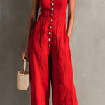 ElevenOra Chic Elegant Red Cotton Washed Spaghetti-Strap Square-Neck Sleeveless Button-Front Tailored-Waist Wide-Leg Jumpsuit