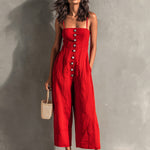 ElevenOra Chic Elegant Red Cotton Washed Spaghetti-Strap Square-Neck Sleeveless Button-Front Tailored-Waist Wide-Leg Jumpsuit