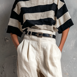 ElevenOra Chic Elegant Black-White Stripes Boat-Neck Short-Sleeve Loose-Fit Top High-waisted Straight-Leg Pants Cotton-Linen Blend Two-Piece Set