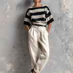 ElevenOra Chic Elegant Black-White Stripes Boat-Neck Short-Sleeve Loose-Fit Top High-waisted Straight-Leg Pants Cotton-Linen Blend Two-Piece Set