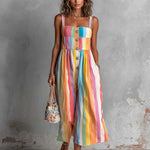 ElevenOra Chic Elegant Colorful Print Spaghetti-Strap Square-Neck Sleeveless Button-Front Loose-Fit Wide-Leg Cropped Jumpsuit