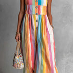 ElevenOra Chic Elegant Colorful Print Spaghetti-Strap Square-Neck Sleeveless Button-Front Loose-Fit Wide-Leg Cropped Jumpsuit