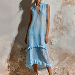 ElevenOra Chic Elegant Light Blue Stand-Collar V-Neck Sleeveless Tiered Ruffle Hem Loose-Fit Crinkled Chiffon Midi Dress