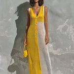 ElevenOra Chic Elegant Yellow-White Colorblock V-Neck Sleeveless Button-Front A-Line Mesh Knit Maxi Dress