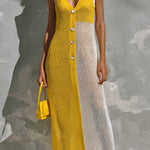 ElevenOra Chic Elegant Yellow-White Colorblock V-Neck Sleeveless Button-Front A-Line Mesh Knit Maxi Dress
