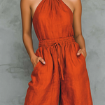 ElevenOra Chic Elegant Red Halter-Neck Sleeveless Tailored-Waist Cotton Blend Wide-Leg Jumpsuit