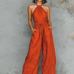 ElevenOra Chic Elegant Red Halter-Neck Sleeveless Tailored-Waist Cotton Blend Wide-Leg Jumpsuit