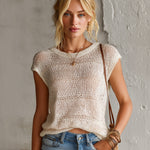ElevenOra Chic Elegant Cream White Round-Neck Cap Sleeve Hollow-Out Sequins Detail Knit Sweater Top