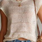 ElevenOra Chic Elegant Cream White Round-Neck Cap Sleeve Hollow-Out Sequins Detail Knit Sweater Top
