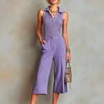 ElevenOra Chic Elegant Violet Polo-Neck Sleeveless Mesh Knit Vest Cotton-Linen Blend Slim-Fit Straight Cropped Pants Two Piece Set