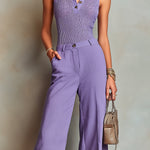 ElevenOra Chic Elegant Violet Polo-Neck Sleeveless Mesh Knit Vest Cotton-Linen Blend Slim-Fit Straight Cropped Pants Two Piece Set