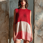 ElevenOra Chic Elegant Red Sunset Colorblock Round-Neck Sleeveless Loose-Fit Mid-Length Knit Vest Top