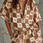 ElevenOra Chic Casual Camel-Beige Checkered Tropical Palm Print Lapel Collar Button-Up Short-Sleeve Cotton-Linen Blend Elastic-Waist Romper