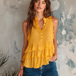 ElevenOra Chic Casual Mustard Yellow Stand-Collar Ruffle Trim  Button-Up Sleeveless Loose-Fit Crinkled Chiffon Shirt Top