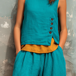 ElevenOra Chic Elegant Peacock Blue Round-Neck Button Detail Layered-Look Contrast Trim Sleeveless Loose-Fit Vest Harem Pants Two-Piece Set