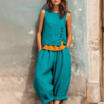 ElevenOra Chic Elegant Peacock Blue Round-Neck Button Detail Layered-Look Contrast Trim Sleeveless Loose-Fit Vest Harem Pants Two-Piece Set