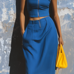ElevenOra Chic Elegant Blue Spaghetti-Strap Square-Neck Zipper-Front Sleeveless Slim-Fit Tank Top Cotton Blend Side-Slit Midi Skirt Two-Piece Set