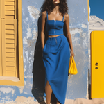 ElevenOra Chic Elegant Blue Spaghetti-Strap Square-Neck Zipper-Front Sleeveless Slim-Fit Tank Top Cotton Blend Side-Slit Midi Skirt Two-Piece Set