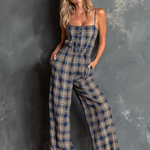 ElevenOra Chic Elegant Navy-Beige Plaid Spaghetti-Strap Button-Front Sleeveless Tailored-Waist Cotton Blend Wide-Leg Jumpsuit