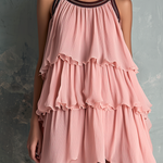 ElevenOra Chic Elegant Blush Pink Contrast Trim Round-Neck  Sleeveless Tiered Ruffle Loose-Fit Crinkled Chiffon Mini Dress