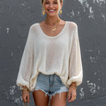 ElevenOra Chic Elegant Cream White Round-Neck Long Lantern Sleeve Loose-Fit Mesh Knit Sweater Top