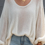 ElevenOra Chic Elegant Cream White Round-Neck Long Lantern Sleeve Loose-Fit Mesh Knit Sweater Top