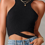 ElevenOra Chic Elegant Black Round-Neck Sleeveless Asymmetrical Hem Slim-Fit Ribbed Knit Tank Top