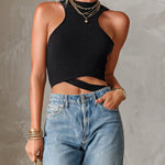 ElevenOra Chic Elegant Black Round-Neck Sleeveless Asymmetrical Hem Slim-Fit Ribbed Knit Tank Top